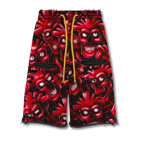 Vertabrae Red Graohic Print Skull Shorts