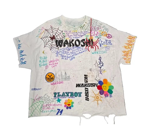 Wakoshi Short Sleeve Graphic Print Scribble Tee - Large