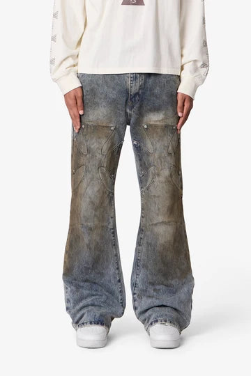 MNML Oil Stain Iron Cross Denim Jeans (Blue)
