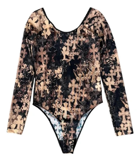 Chrome Hearts All Over Cross Print Mesh Bodysuit - Large